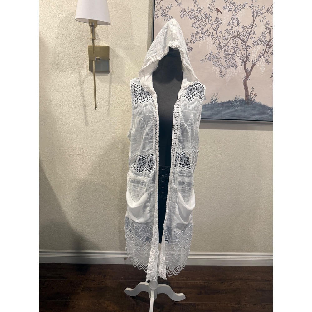 Miss Me White Lace Crochet Hooded Duster‎ Vest Sleeveless Cardigan Small MDJ234T